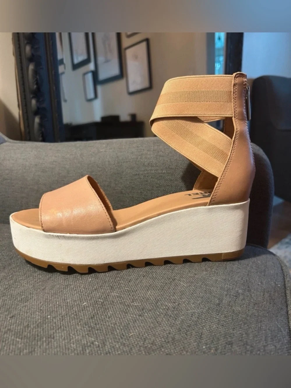 Sorel Cameron Tan Leather Elastic Ankle Strap Platform Wedge Sandal Size 8.5